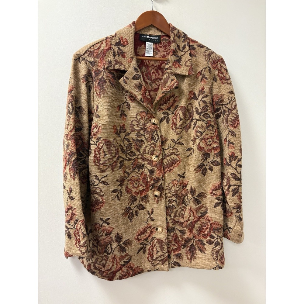 Tapestry Floral Jacket VTG Cottagecore Fall Leaves Button Up Blazer Sz 18